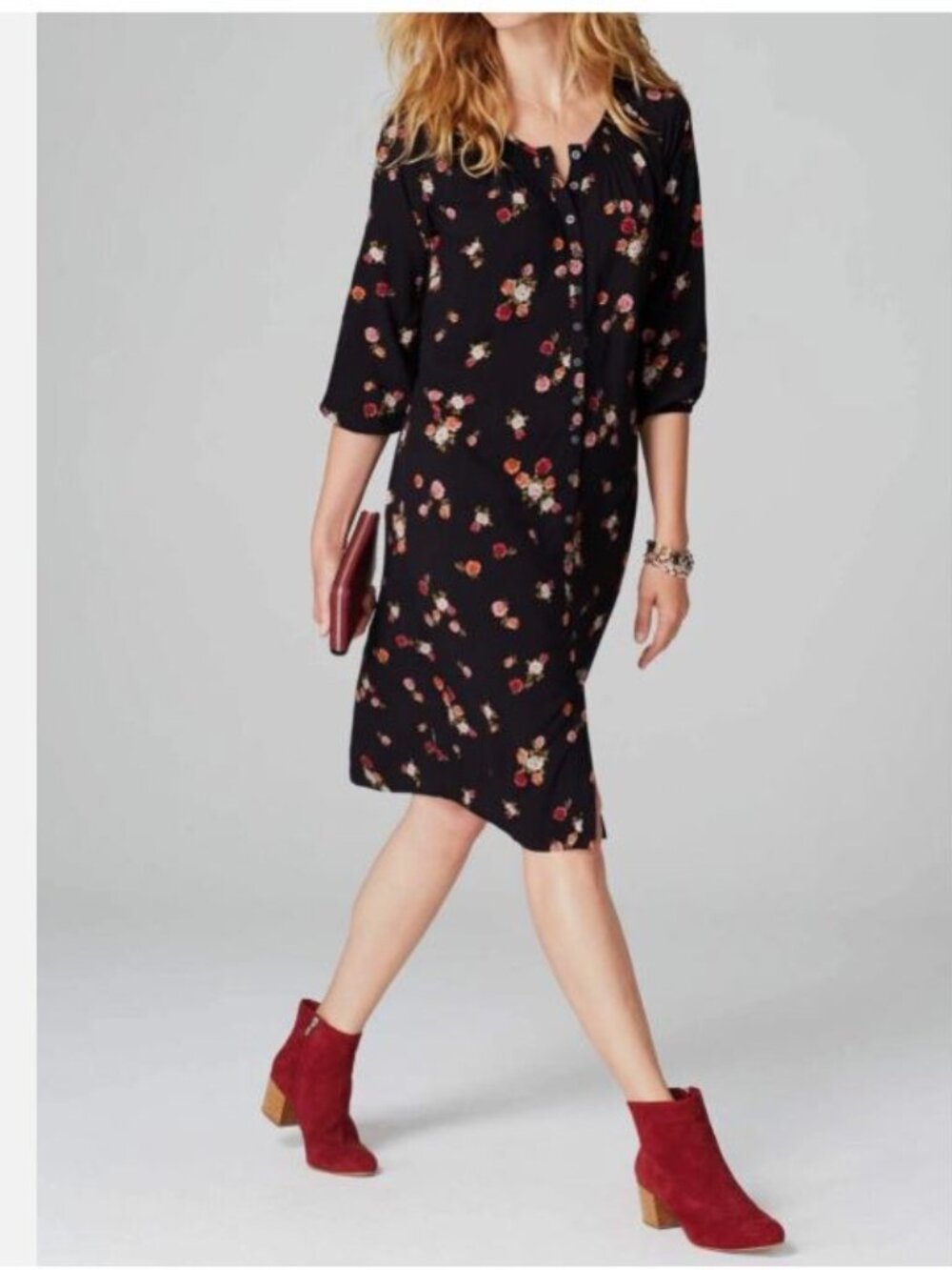 NWT J.Jill Dark Floral Dress Medium Petite Black Button Front Casual Country
